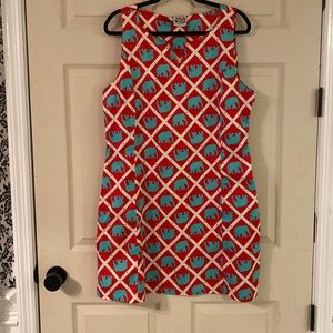 Sleeveless red and aqua dress with elephants. Size 14 Excellent condition